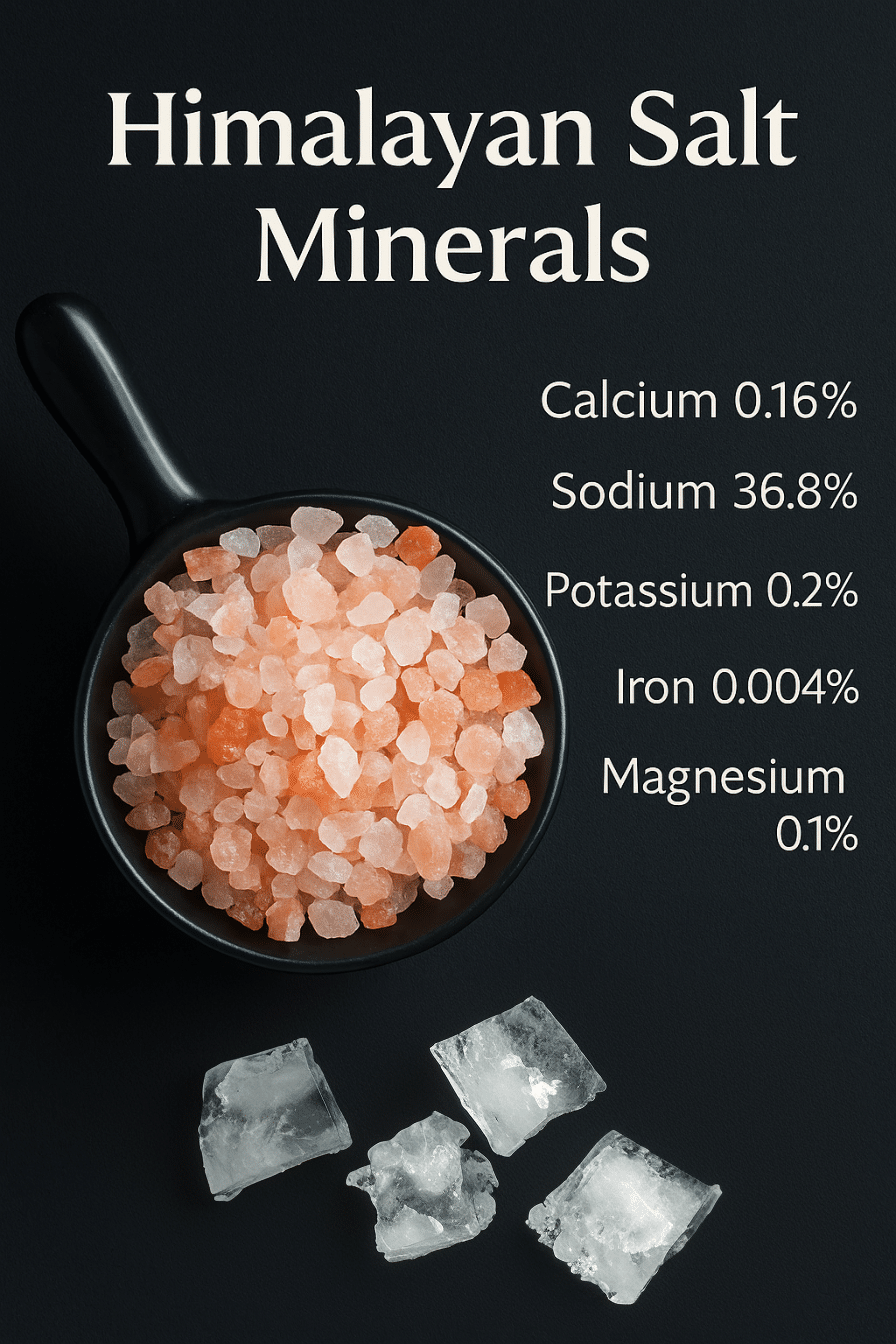 Flat lay of Himalayan Pink Salt for Weight Loss with labeled minerals magnesium, iron, potassium