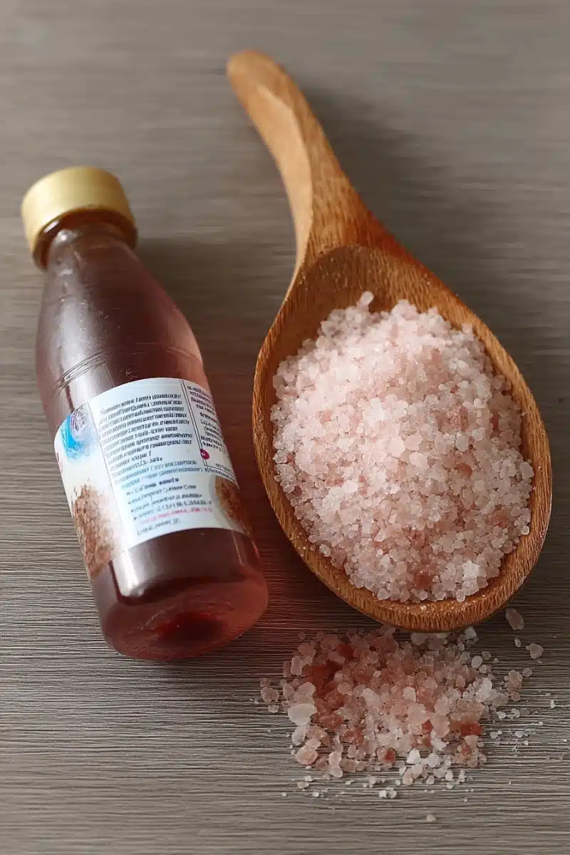 pink-salt-trick-ingredients Flat lay of Himalayan Pink Salt Trick Recipe, lemon, apple cider vinegar, and honey