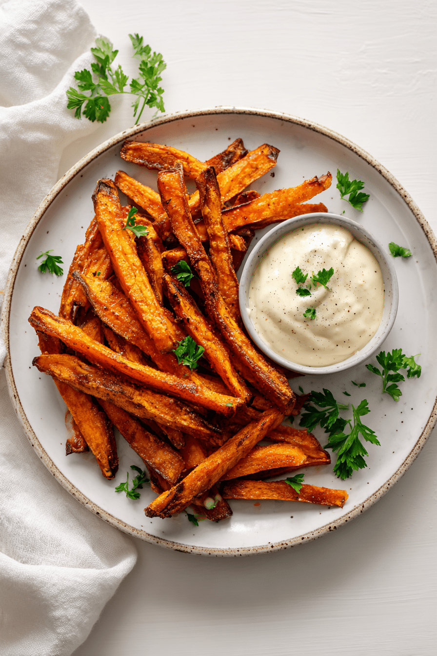 alexia sweet potato fries on plate with dipping sauce and fresh parsley