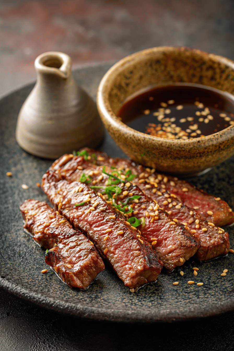 Grilled Japanese steak sliced thin with sesame seeds and soy glaze