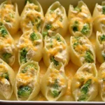 Unbaked Cheesy Chicken & Broccoli Stuffed Shells in a foil container covered with plastic wrap, ready to be frozen for meal prep.