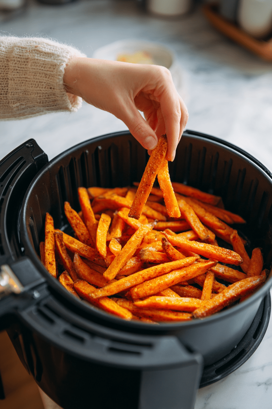 frozen alexia sweet potato fries cooking in preheated air fryer