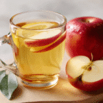 Glass of Brazilian Mounjaro Recipe with Apple Cider Vinegar, lemon, ginger and cinnamon on a wooden table, tasty