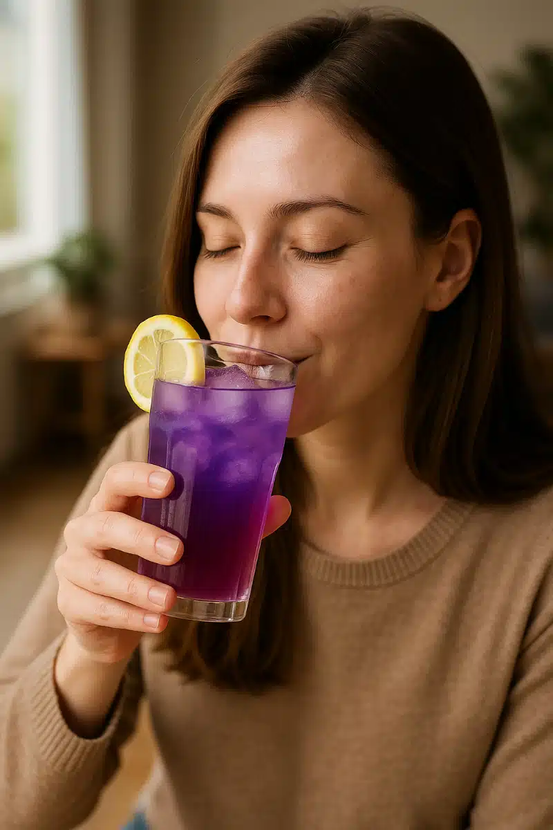 woman-drinking-brazilian-mounjaro Woman sipping Brazilian Mounjaro Recipe from a glass with lemon slice