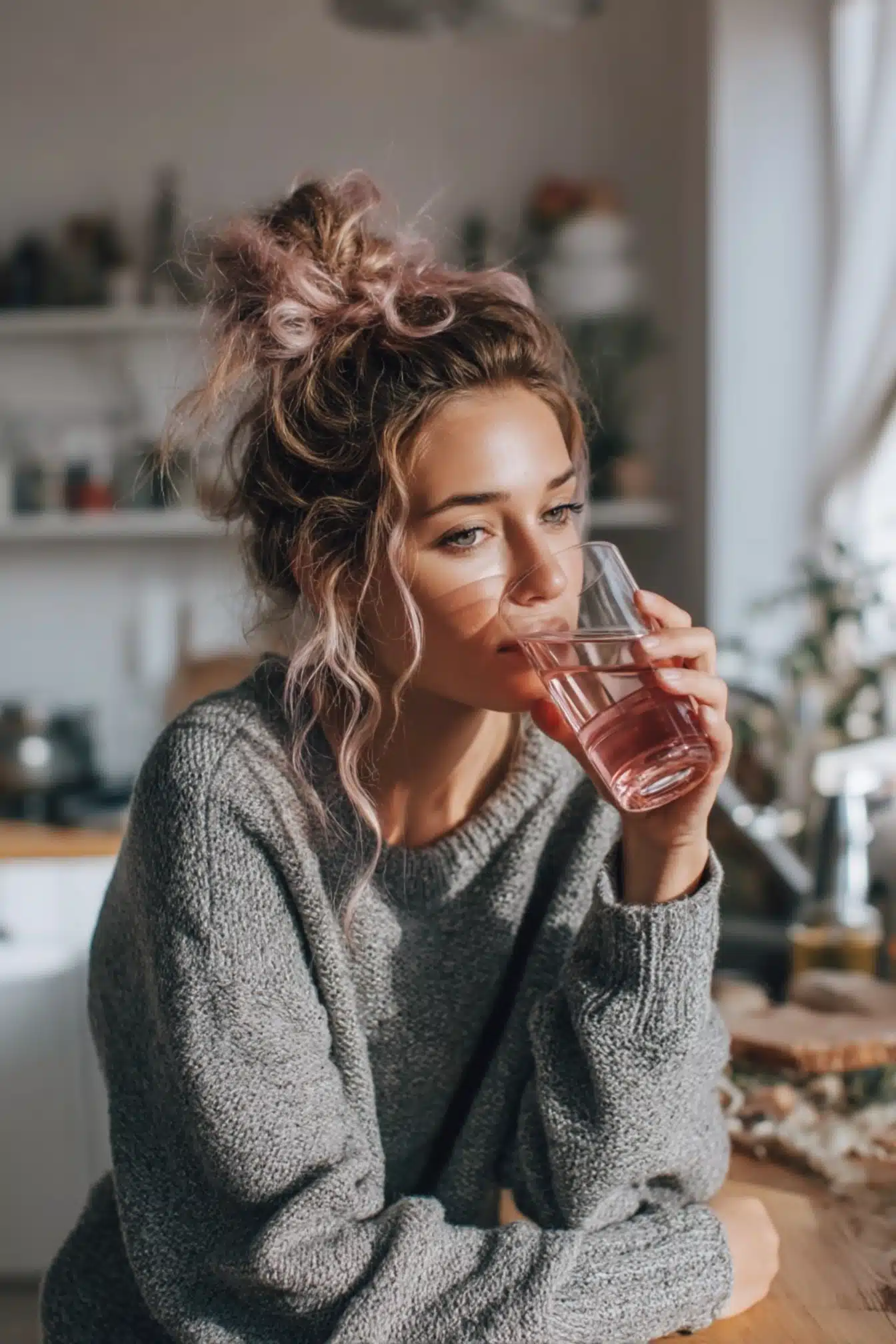 woman-drinking-pink-salt-trick Woman drinking Pink Salt Trick Recipe water in a cozy kitchen