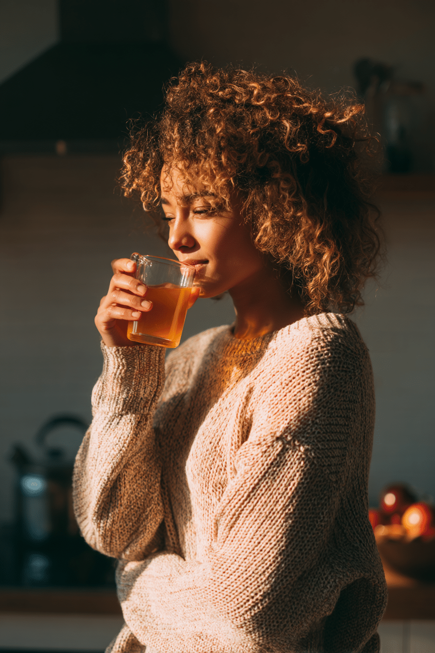 Woman sipping her Brazilian ACV drink in a sunlit kitchen