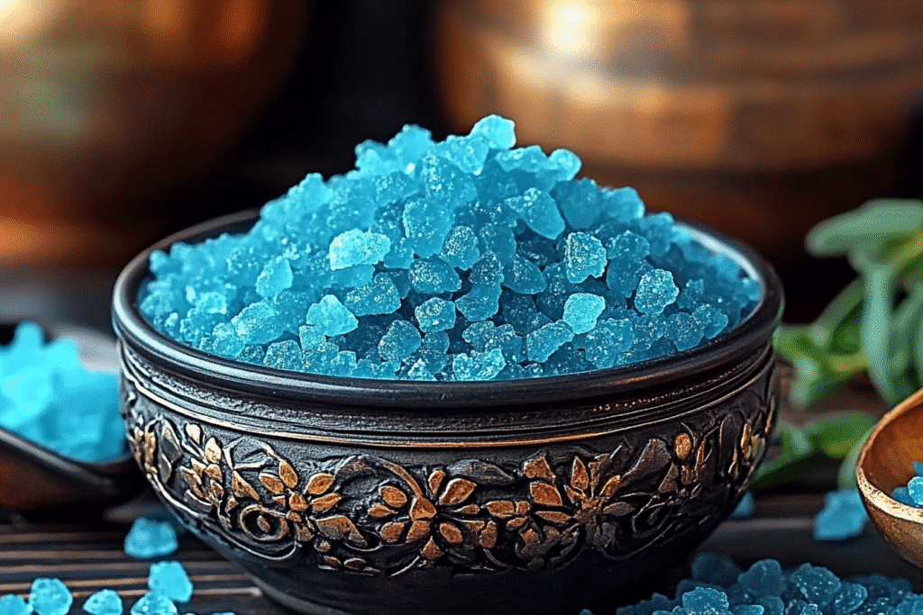 Close-up of blue salt trick recipe crystals