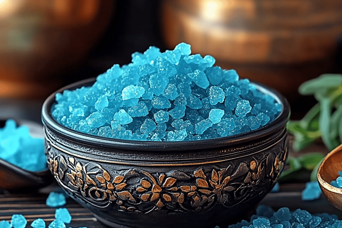 Close-up of blue salt trick recipe crystals