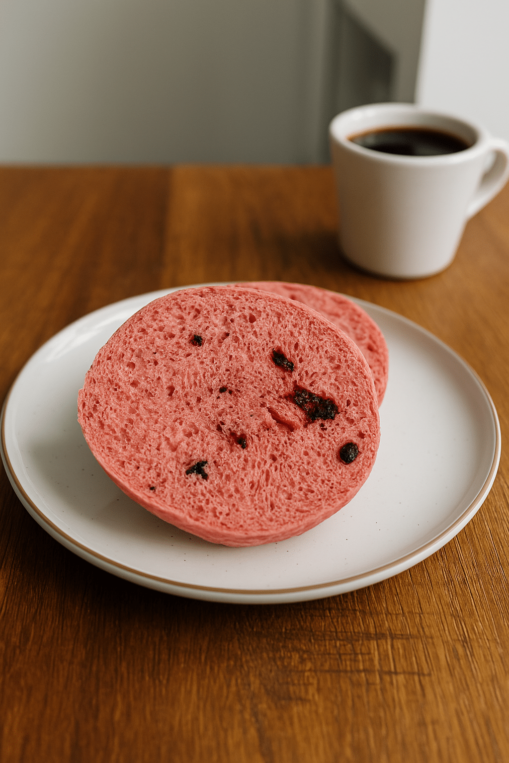 Slice of Blackberry Sourdough Bagels dough being folded with coffee