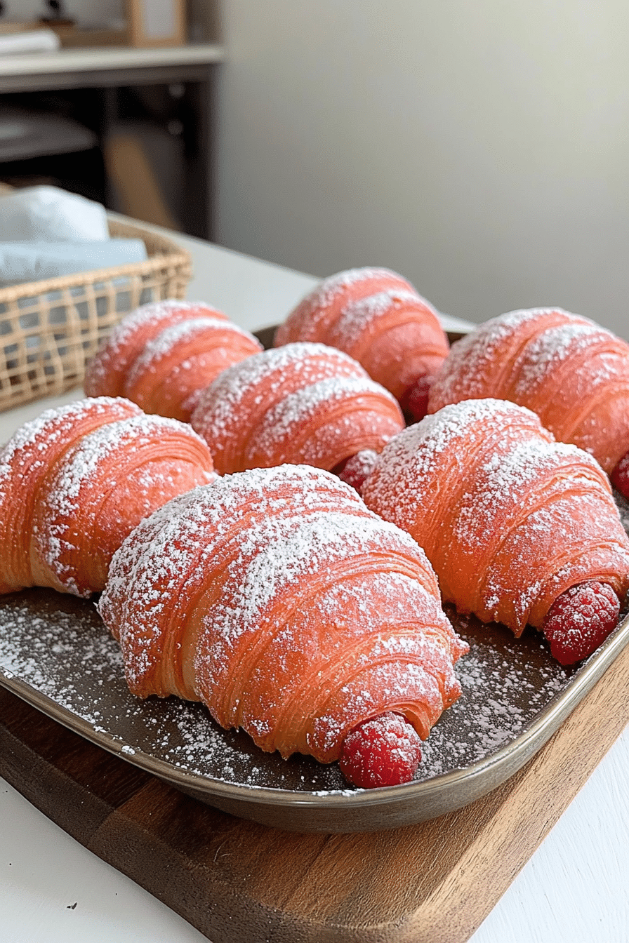 Raspberry sourdough croissant donuts tray with sugar.