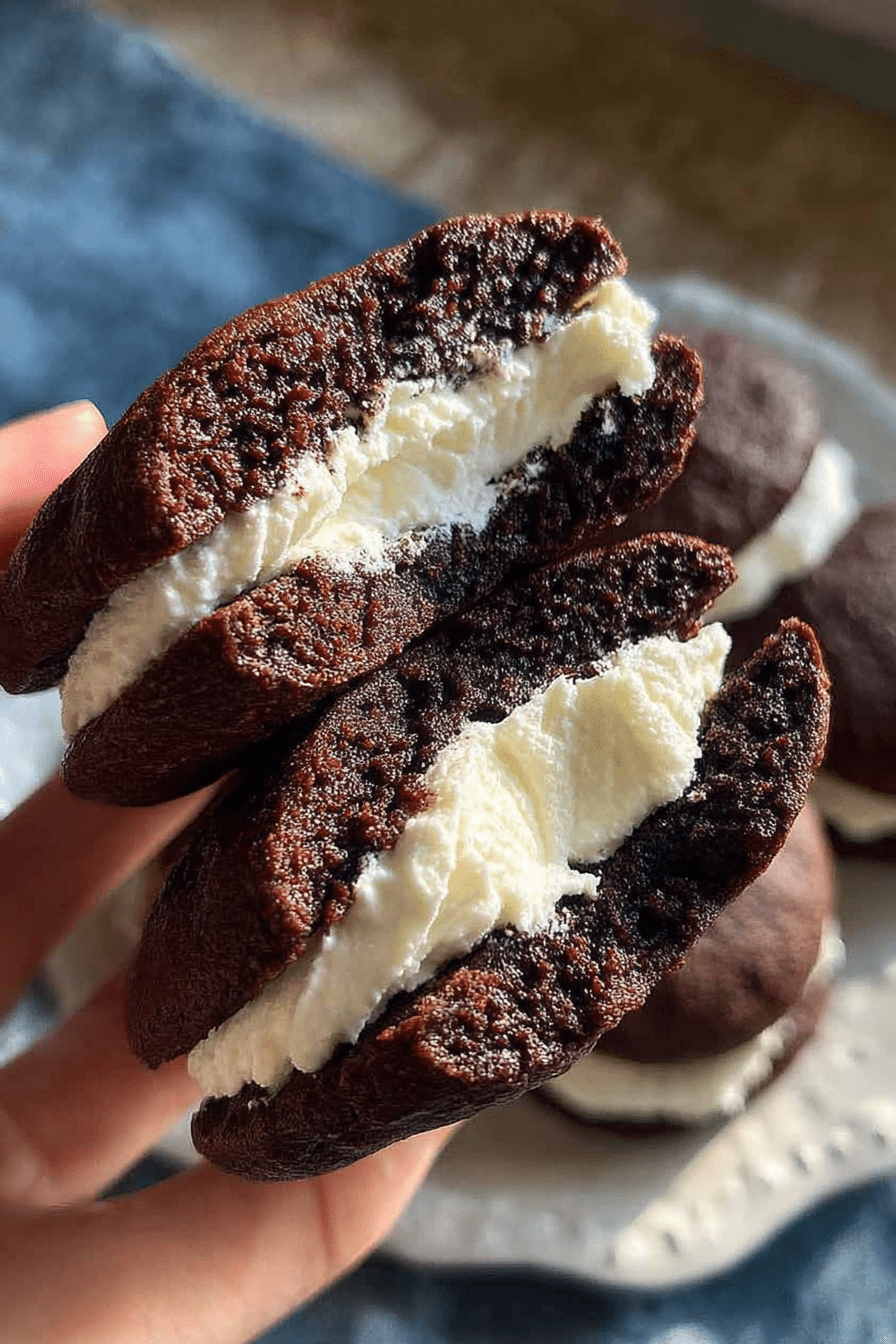A mouth-watering close-up of a homemade sourdough whoopie pie, showcasing its rich chocolate cookie and luscious cream filling. The perfect way to use your sourdough discard.