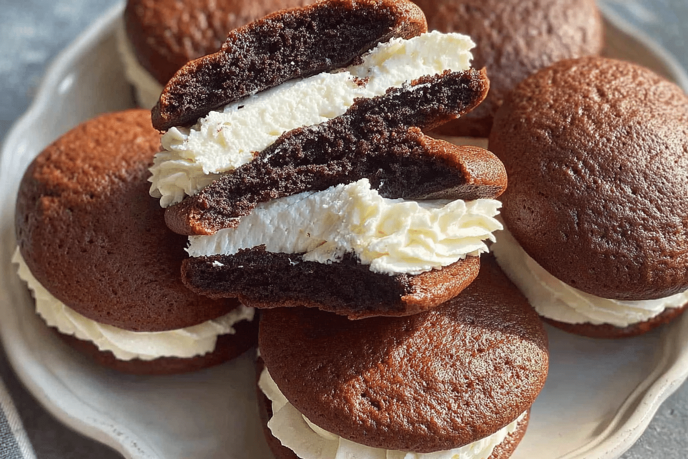 A close-up shot of a perfectly baked sourdough whoopie pie, showcasing its fluffy texture and creamy filling.