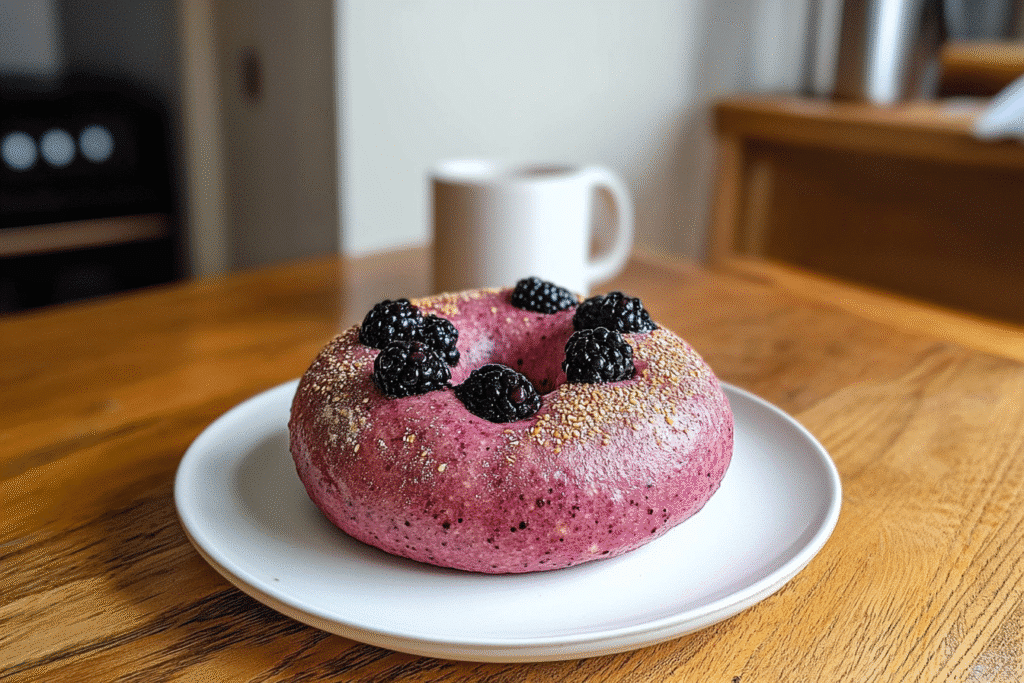 blackberry sourdough bagels on a wooden board