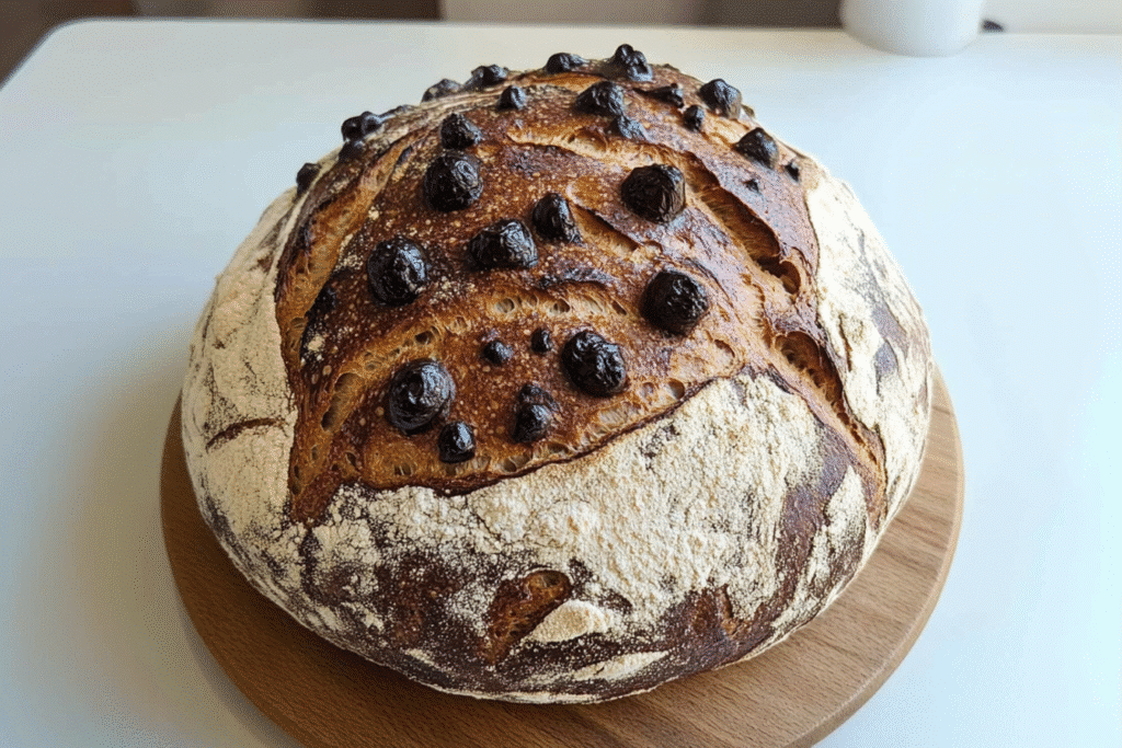 Chocolate marbled sourdough bread in kitchen