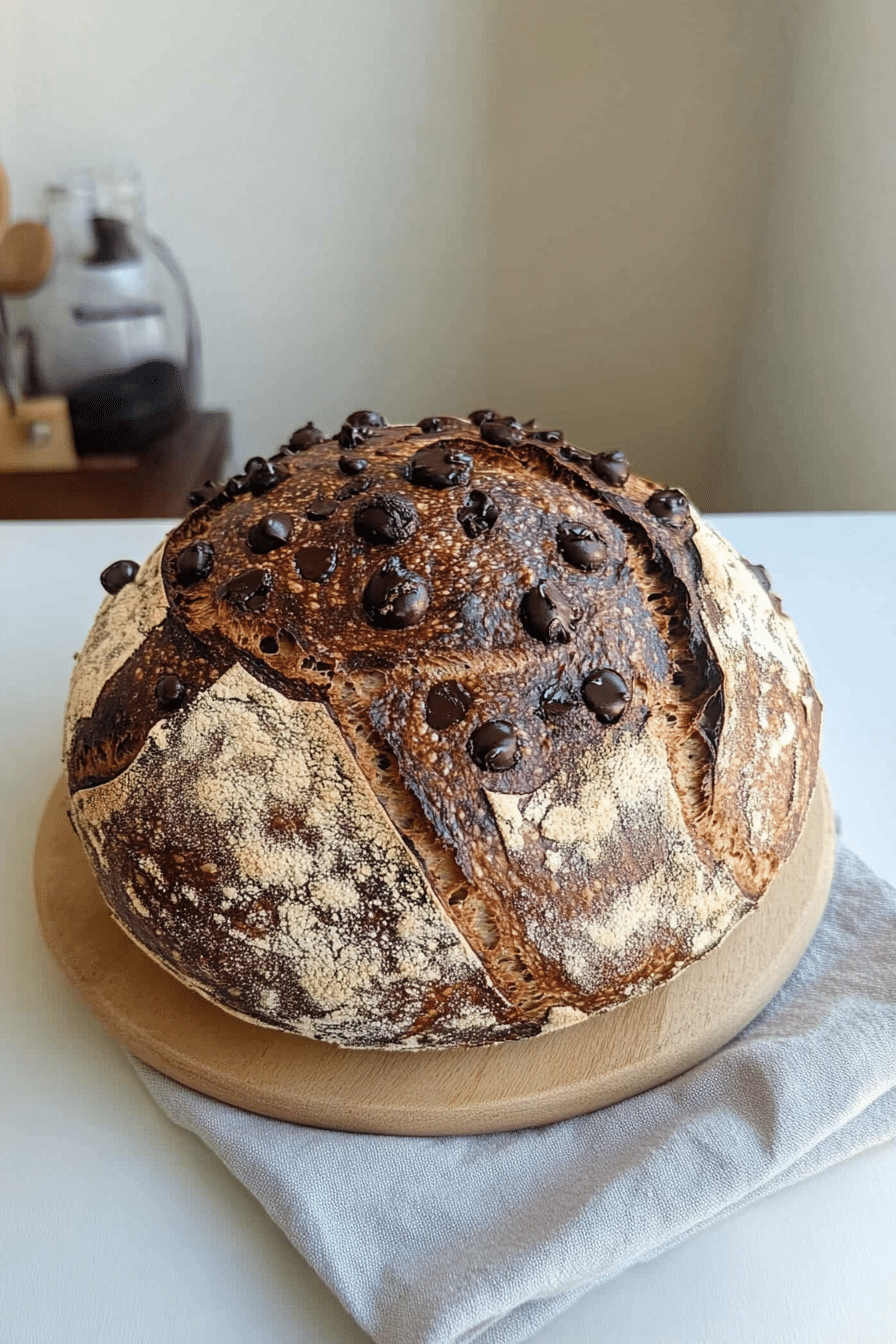 Chocolate marbled sourdough bread with swirled interior in kitchen