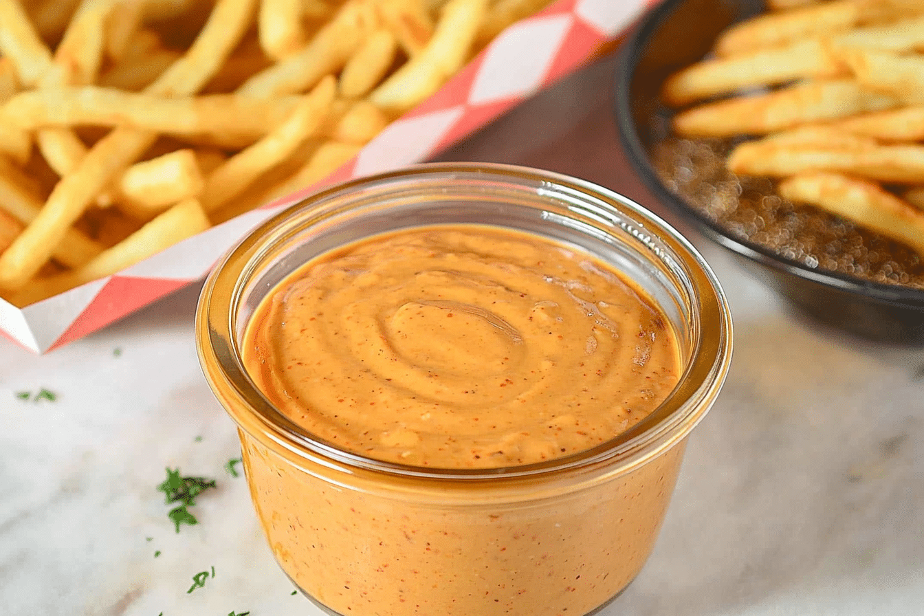 Homemade Freddy’s Fry Sauce in a glass jar with fries