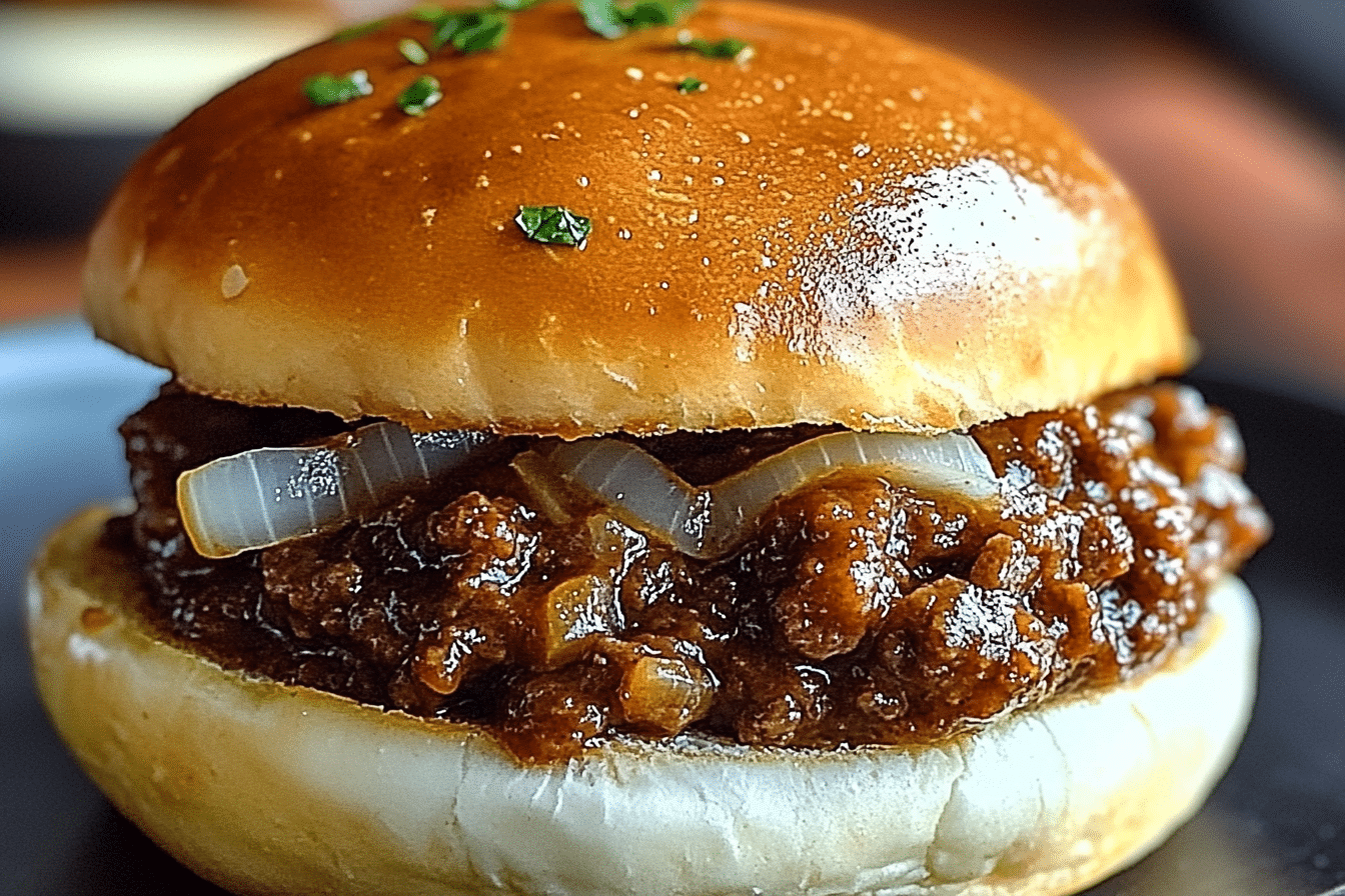A close-up shot of a French Onion Beef Sloppy Joe on a toasted brioche bun, with melted Provolone cheese dripping down the side and caramelized onions spilling out.