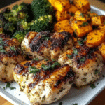 Recipe card view of grilled chicken with veggies and sweet potatoes