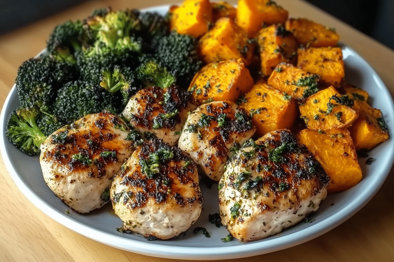 Grilled chicken with roasted sweet potatoes and veggies on a plate