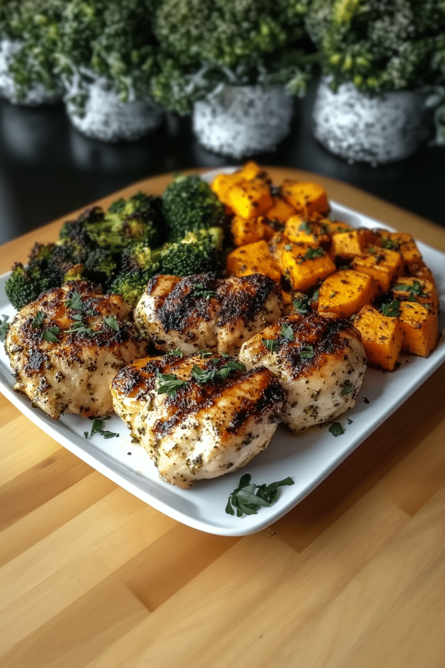 Sheet pan grilled chicken and vegetables served family-style