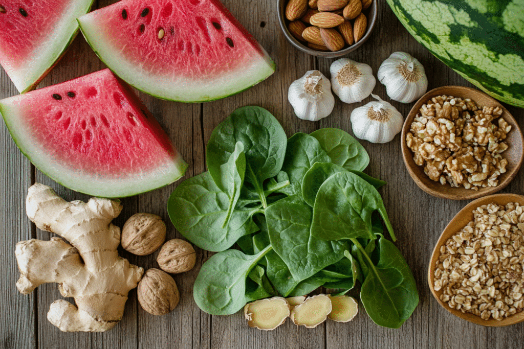 assorted fresh foods like ginger, garlic, watermelon, and spinach on a wooden table
