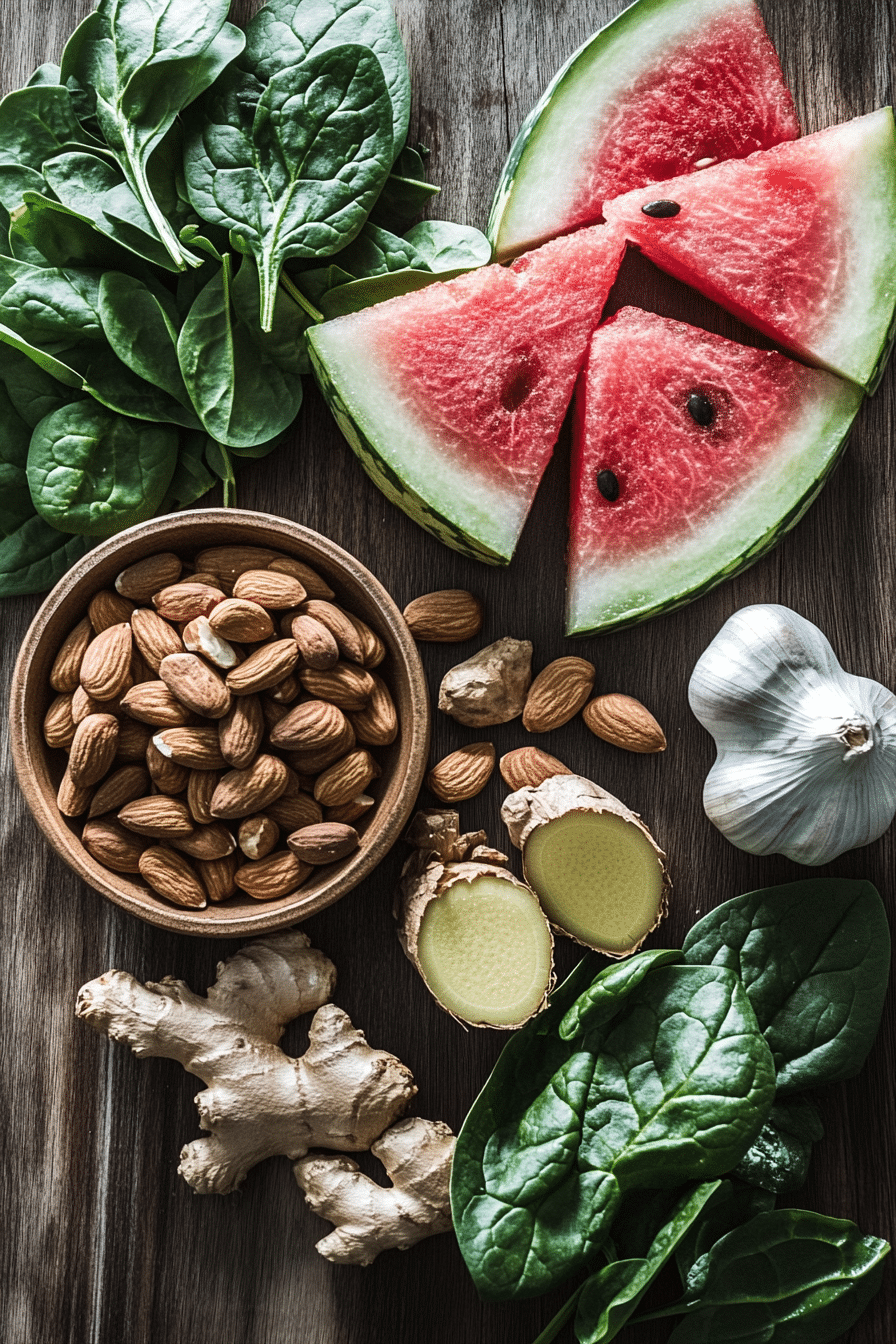 assorted fresh Foods to Cure Premature Ejaculation like ginger, garlic, watermelon, and spinach on a wooden table