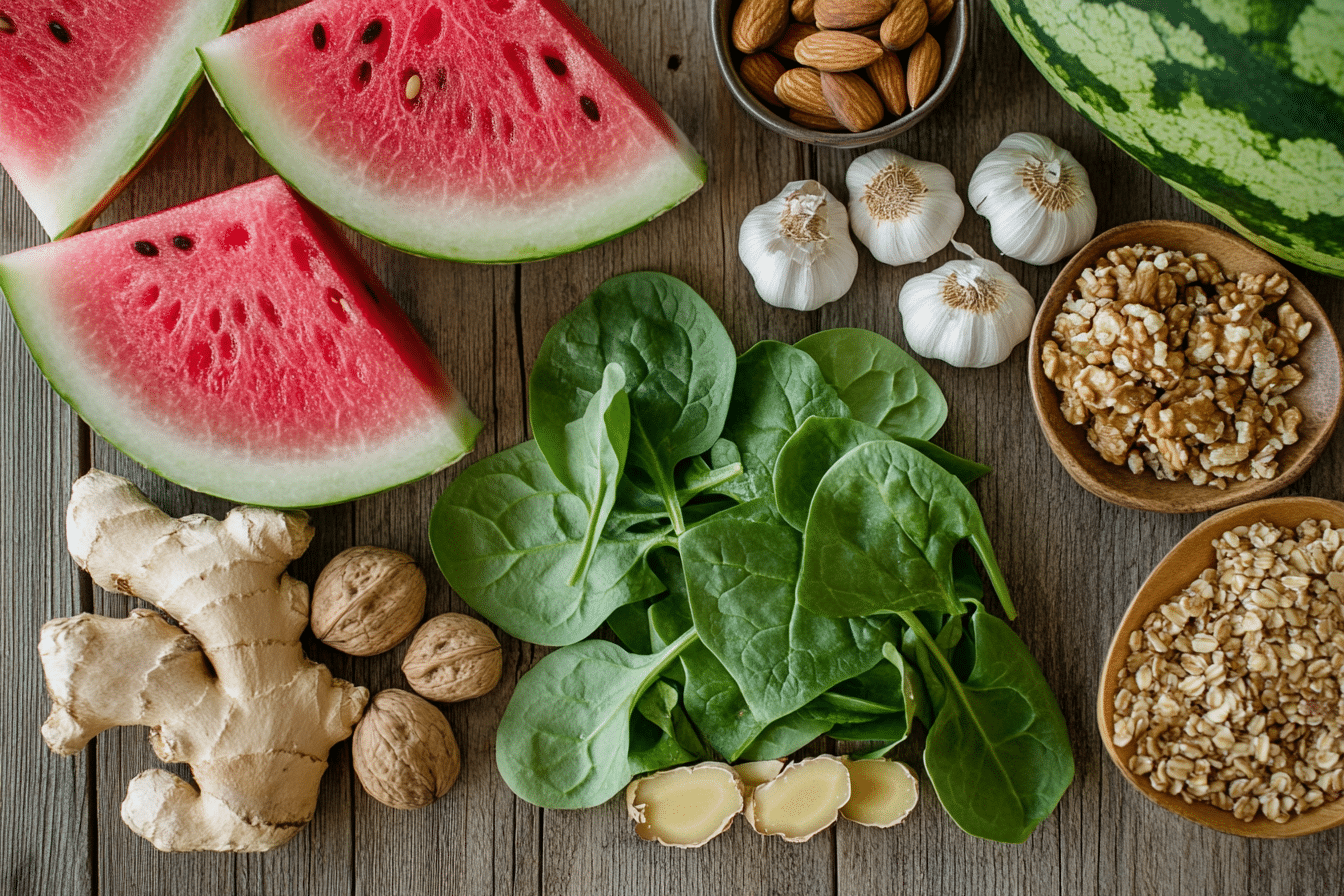 assorted fresh foods like ginger, garlic, watermelon, and spinach on a wooden table
