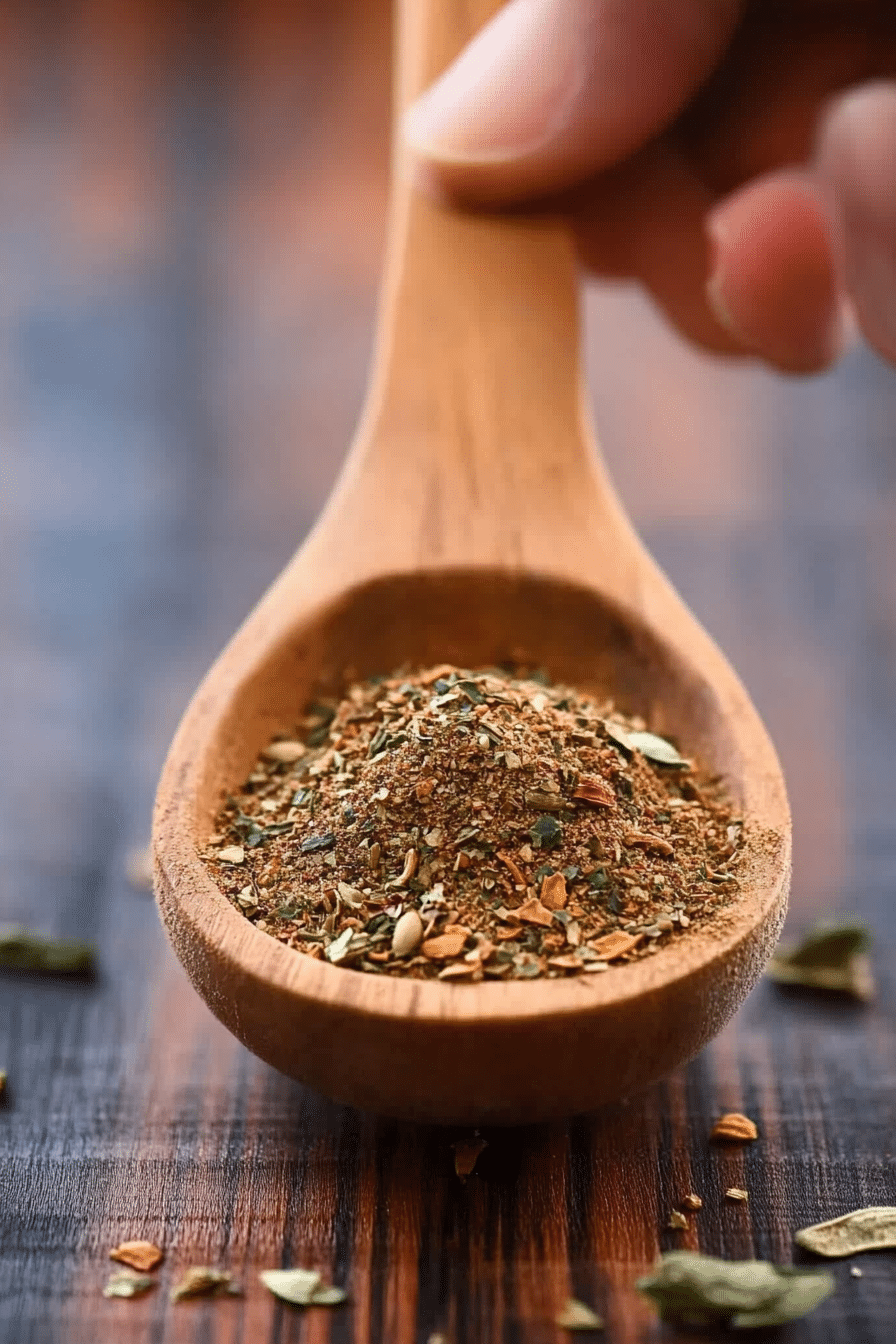 Mixing Tuscan Heat Spice ingredients in a white ceramic bowl