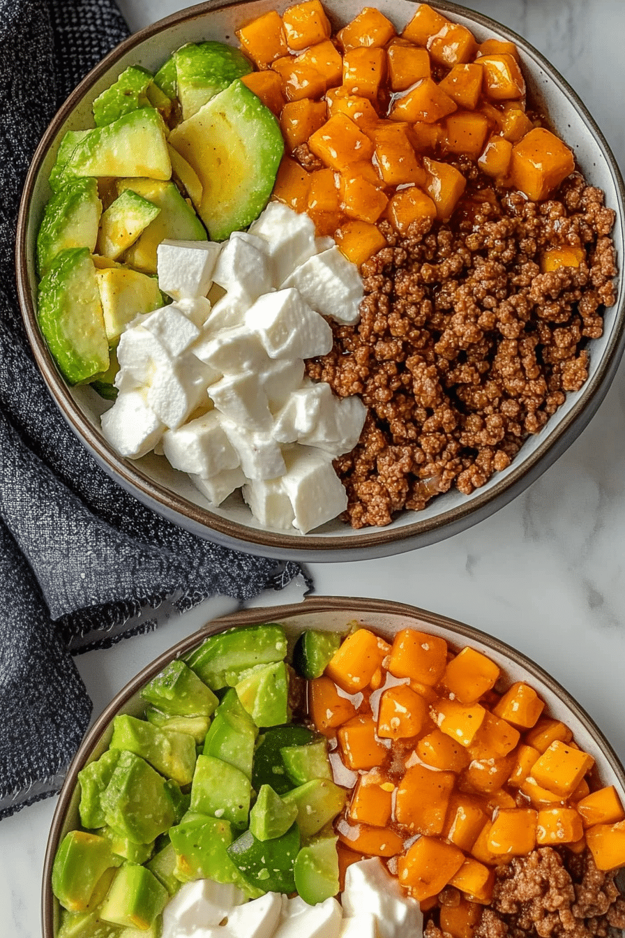 Fully assembled hot honey ground beef bowl with toppings