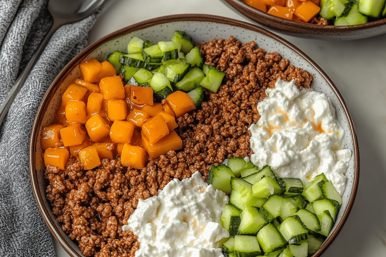 Hot honey ground beef bowls with sweet potato and cottage cheese