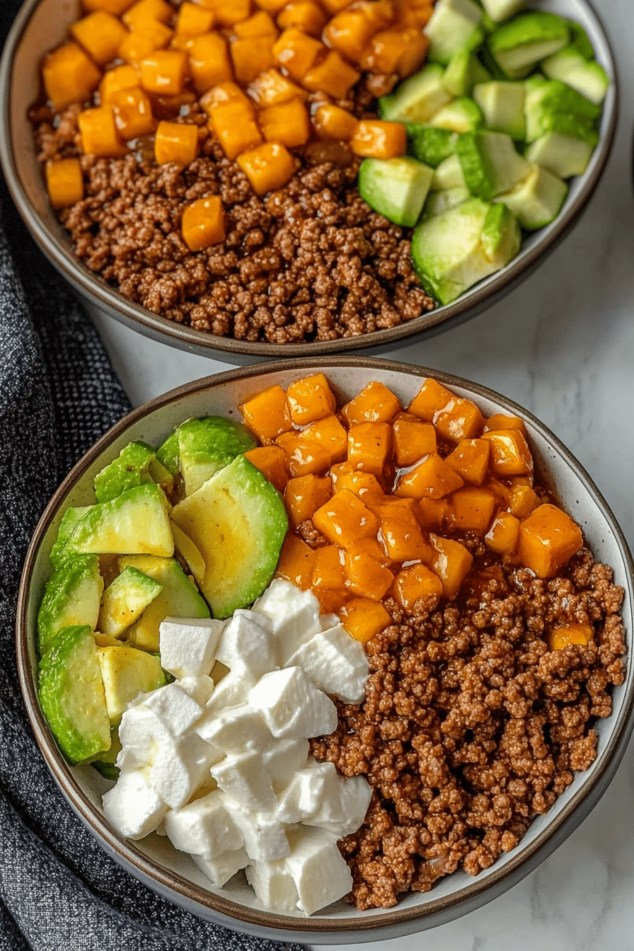 Spicy hot honey beef bowl with toppings on rice