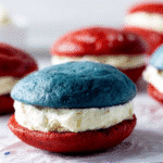 Step-by-step photos of baking and filling 4th of July Whoopie Pies