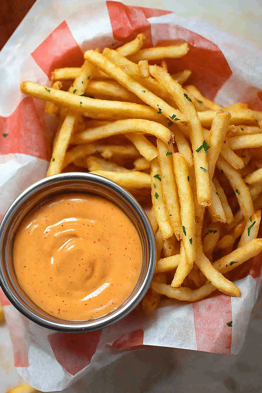 Mixing Freddy’s Fry Sauce in a bowl with whisk
