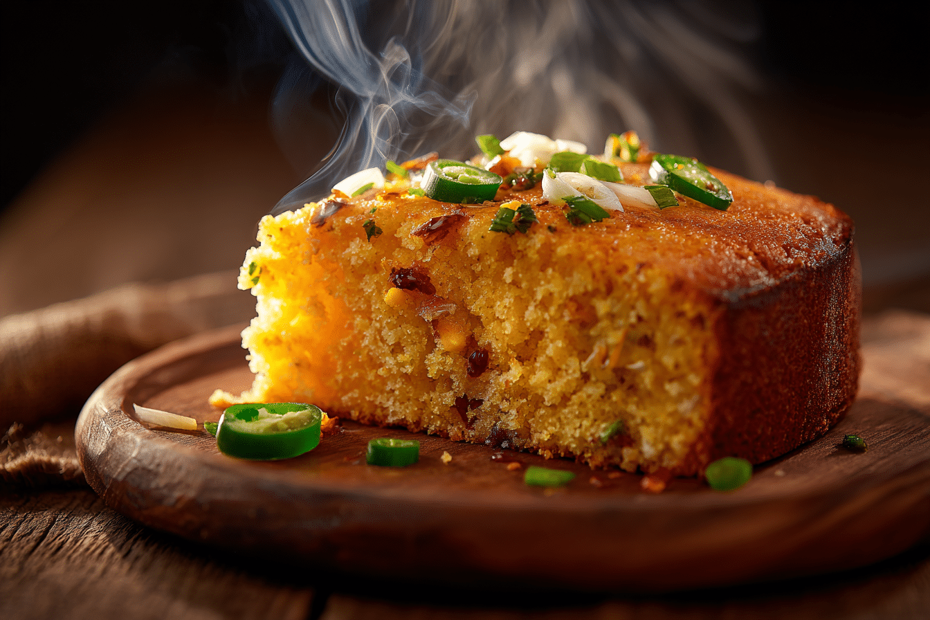 A beautifully golden-brown slice of Navajo Cornbread on a rustic wooden plate, showcasing its moist texture with visible bits of jalapeño, corn, and melted cheese.