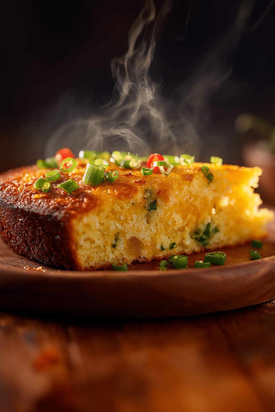 An overhead shot of all the fresh ingredients for Navajo Cornbread, including cornmeal, flour, cheese, jalapeños, and green onions, artfully arranged on a wooden surface.