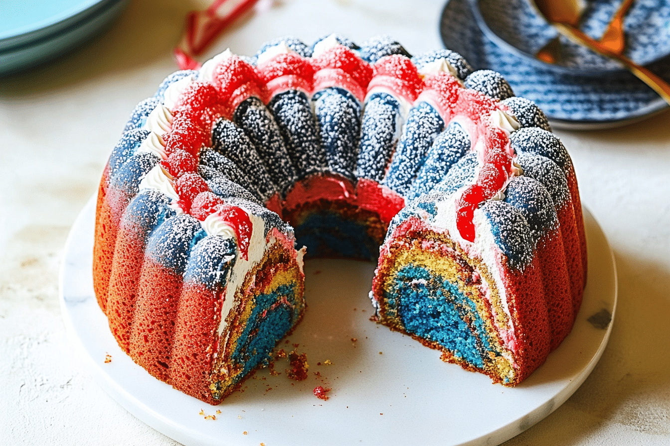 Patriotic marble cake sliced to reveal red, white, and blue swirls