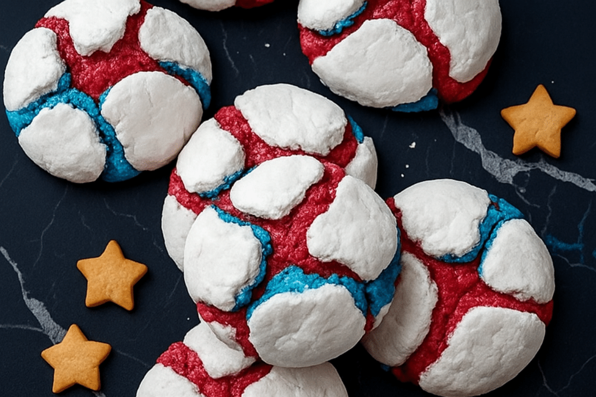Red white and blue crinkle cookies on a napkin