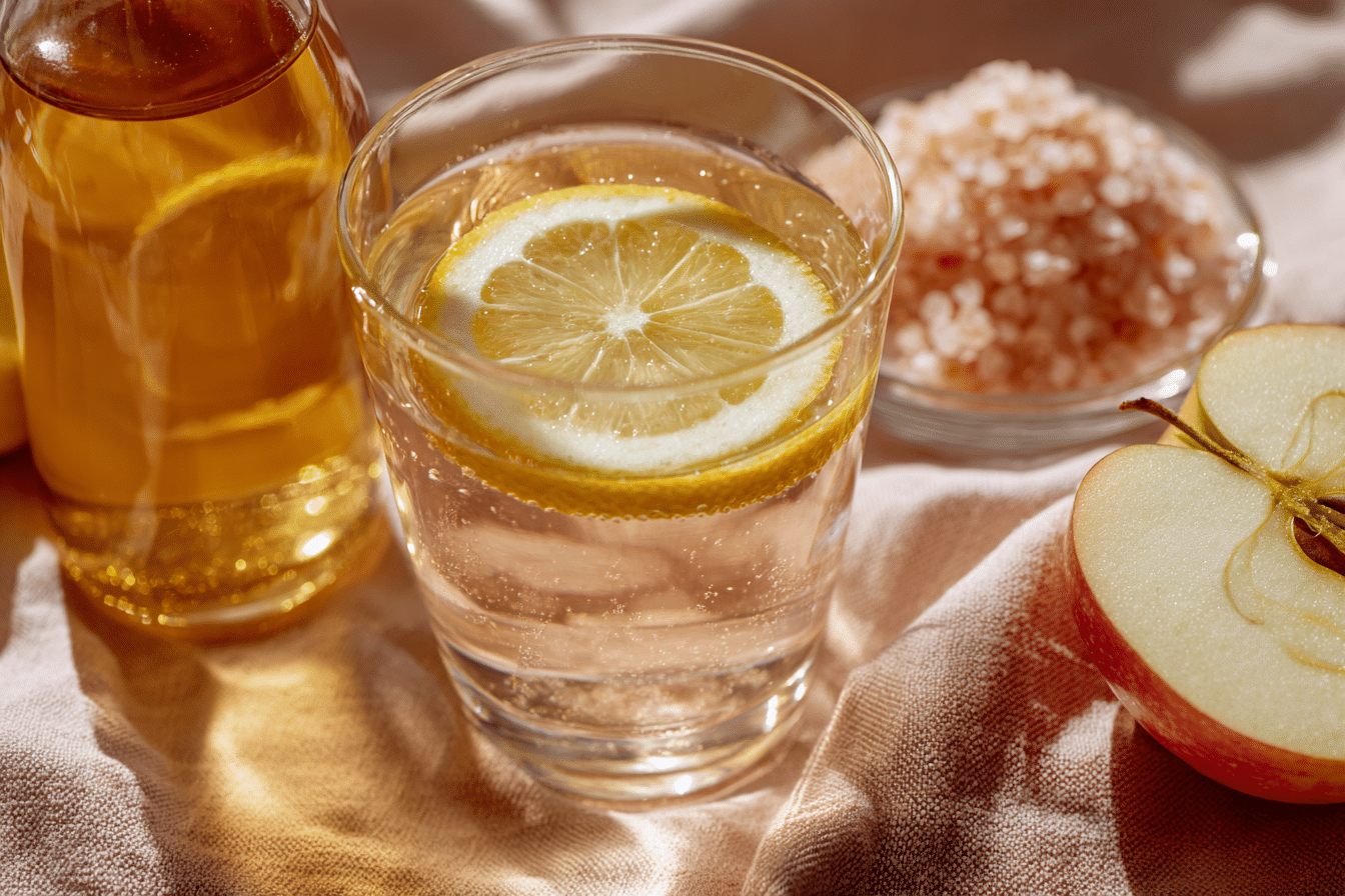 Glass of pink salt weight loss drink with lemon and ACV