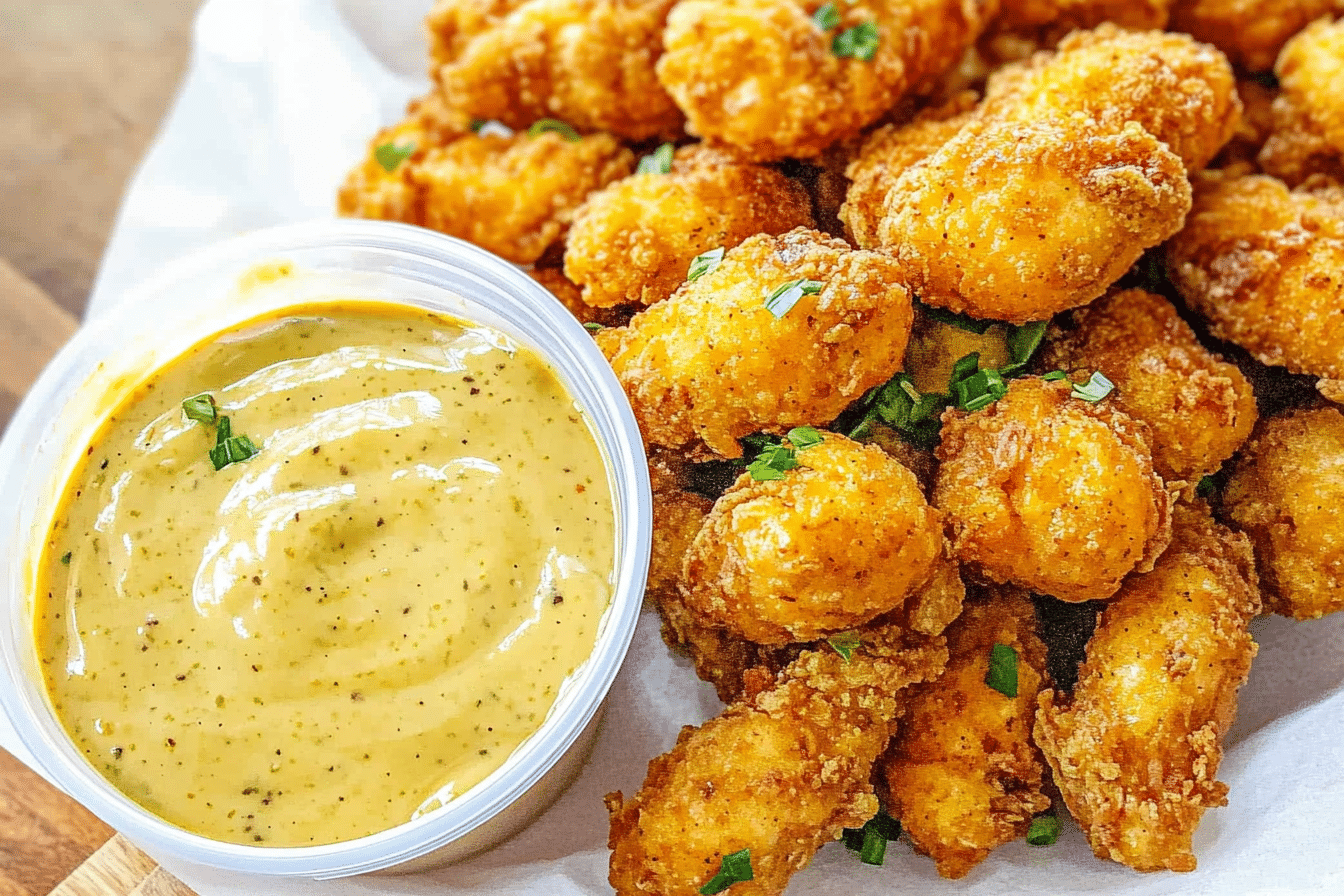 Popeyes Mardi Gras Mustard copycat sauce in a small dipping bowl