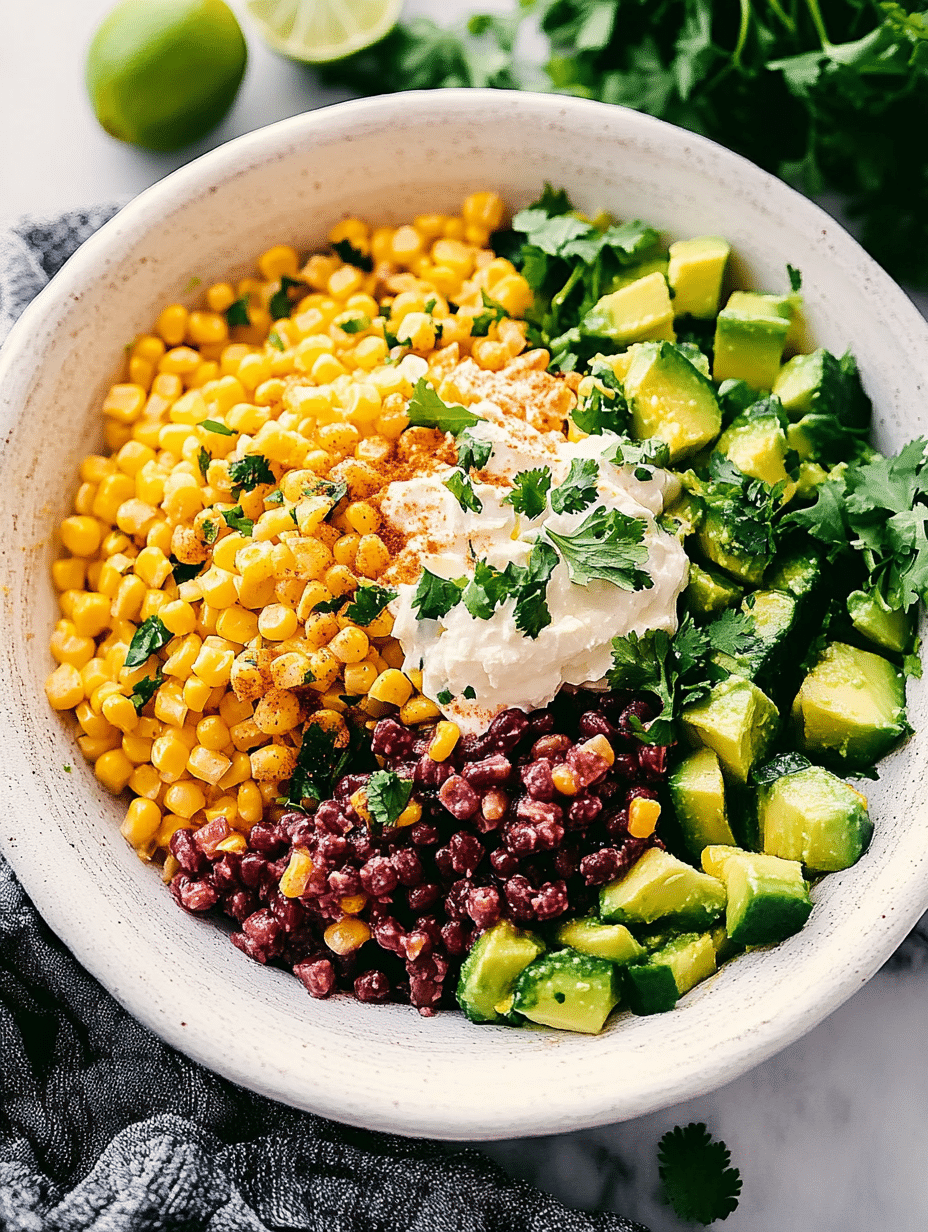 A dynamic action shot showing the corn pasta salad being tossed with a creamy lime dressing in a large mixing bowl.