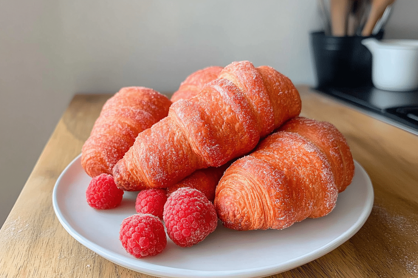 Raspberry Croissant Sourdough Donuts with glaze drizzle