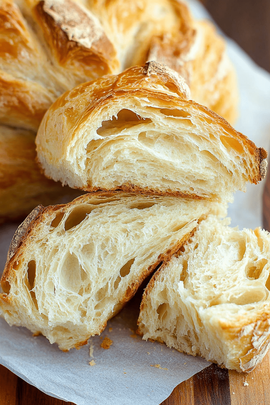 Slice of Buttery sourdough croissant loaf with golden crust sliced on a wooden board
