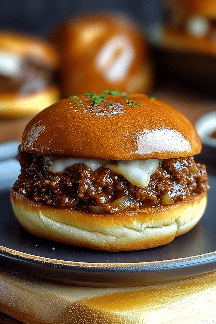 An overhead, flat-lay photograph of all the ingredients needed for the recipe French Onion Beef Sloppy Joes, including lean ground beef, sweet onions, beef broth, and Provolone cheese, arranged on a dark countertop.
