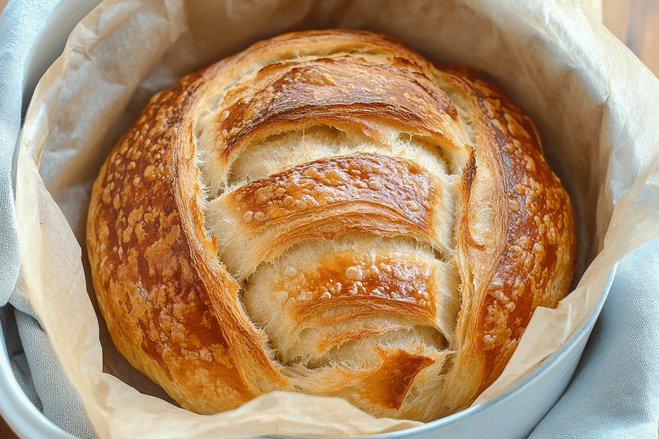 A golden-brown sourdough croissant bread loaf with flaky layers, sliced open to reveal its airy crumb.