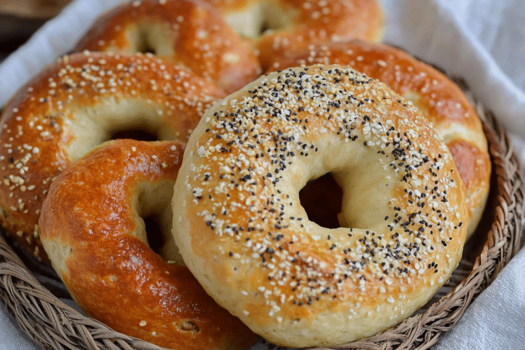 golden brown sourdough discard bagels on a ceramic plate