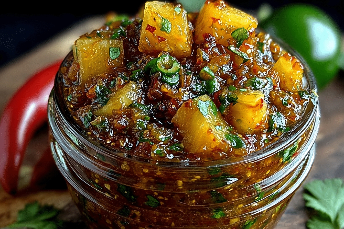 Spicy pineapple jalapeño chutney in a glass jar
