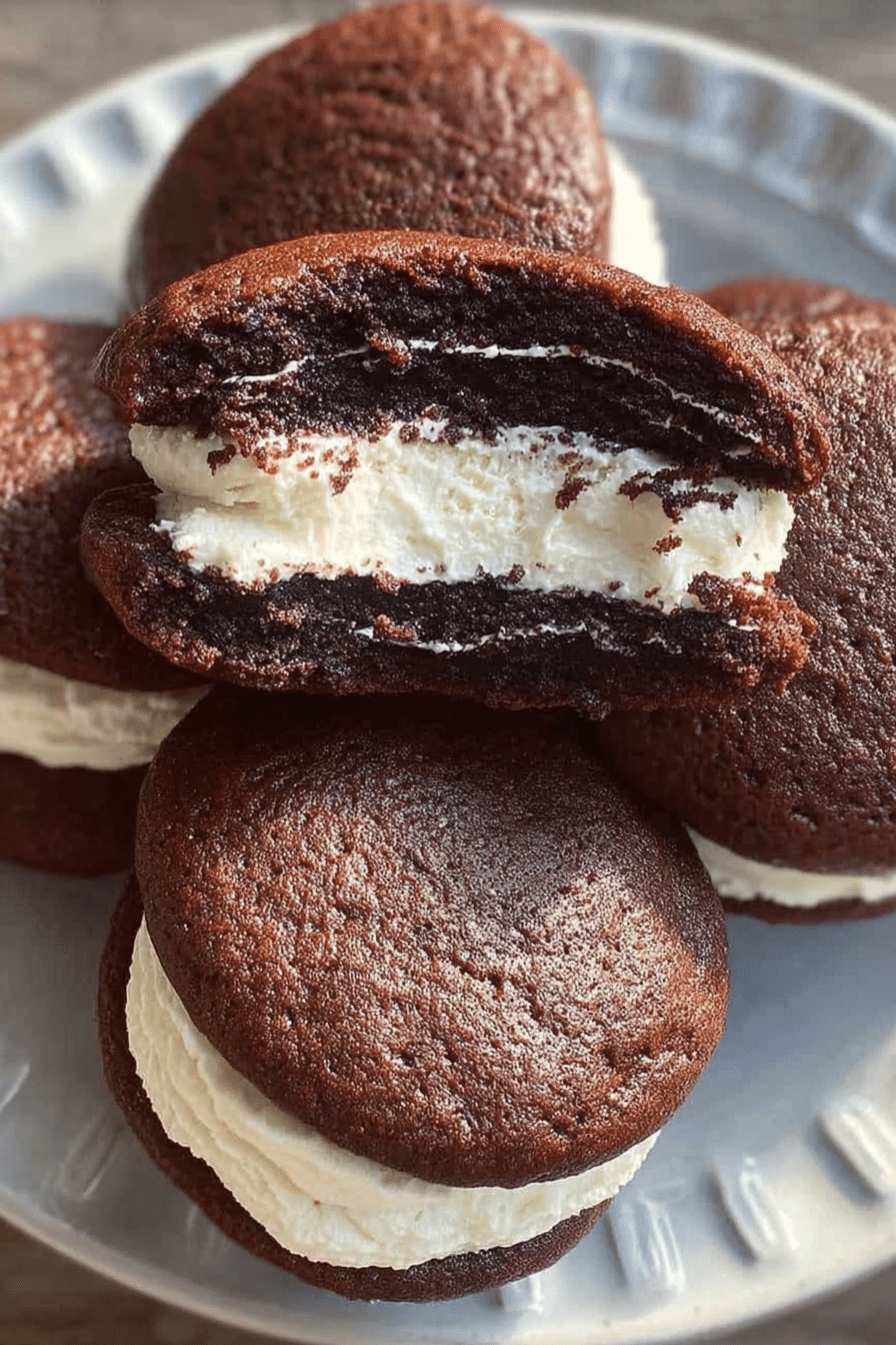 See a delicious stack of freshly baked acts of sourdough whoopie pies, ready to be shared. Learn how to make these soft, cake-like chocolate treats with a tangy sourdough twist.