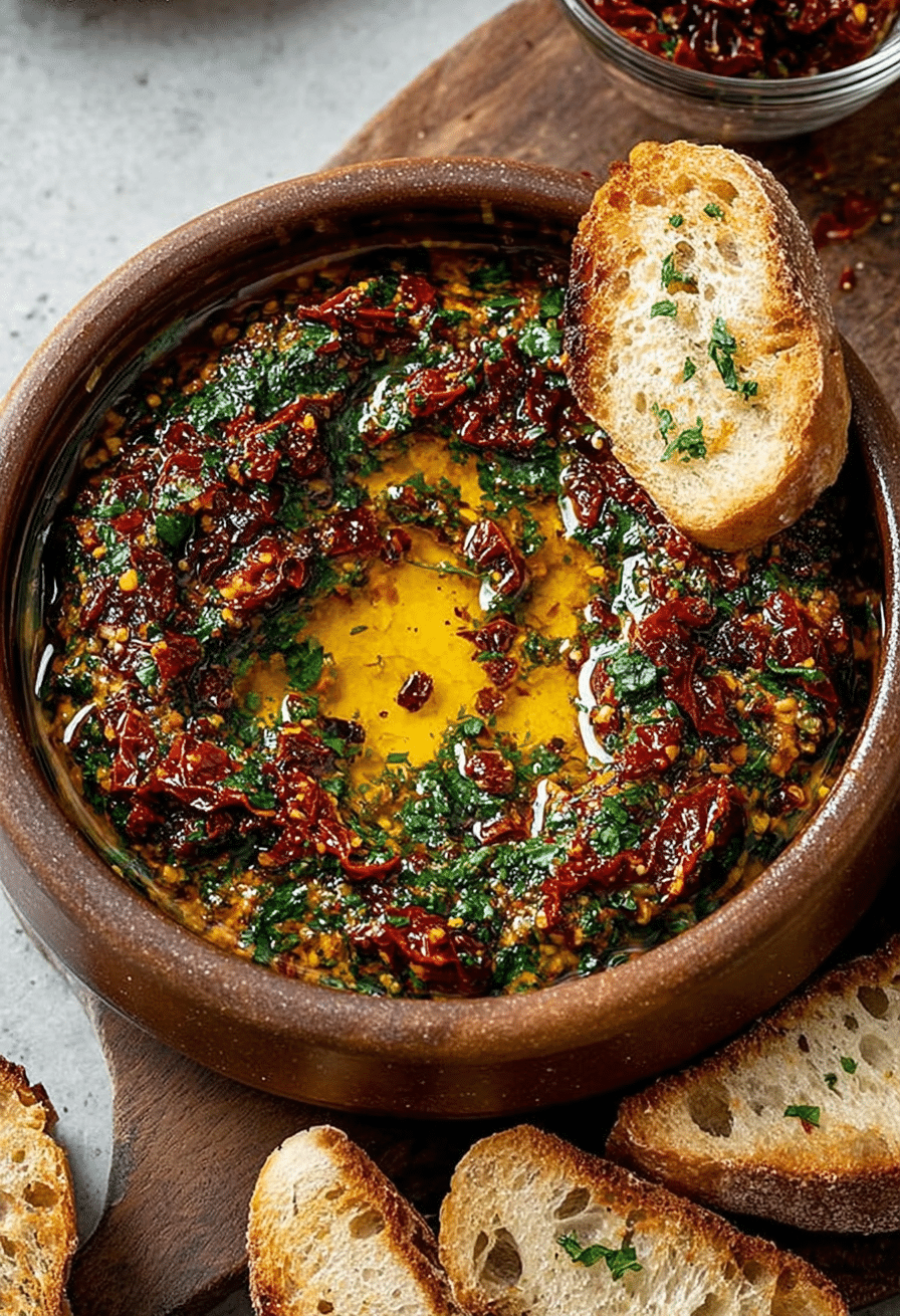 Close-up of olive oil bread dip with basil
