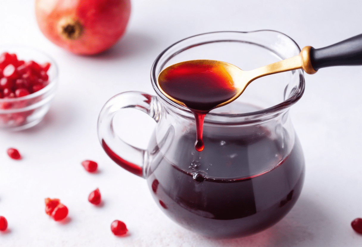 Glass jar of homemade syrup pomegranate juice with fresh pomegranate