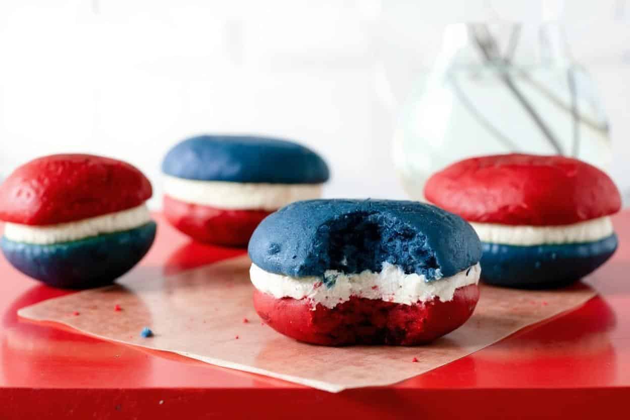Red, white, and blue whoopie pies on a patriotic platter